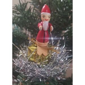 Vtg Skiing Santa Clip On Christmas Ornament Handmade Tart Tin Gift Tinsle O2